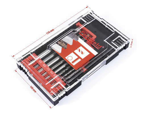 Set de burghie Pattfield în cutie transparentă cu indicații de dimensiune