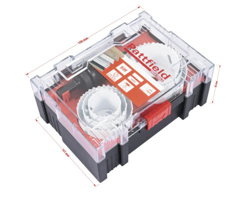 Set de ferăstraie-cupă în cutie de depozitare cu dimensiunile 190 mm x 141 mm x 85 mm