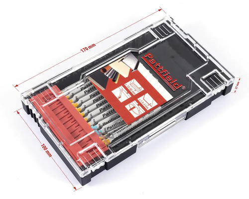 Set de pânze de ferăstrău vertical Pattfield într-o cutie transparentă cu dimensiunile 170 mm x 100 mm x 27 mm