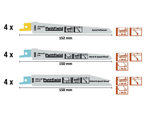 Set pânze de ferăstrău sabie Pattfield pentru lemn și metal, dimensiuni diferite, 12 bucăți