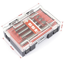 Set de burghie într-o cutie transparentă de plastic cu dimensiunile 170 mm x 70 mm x 35 mm.