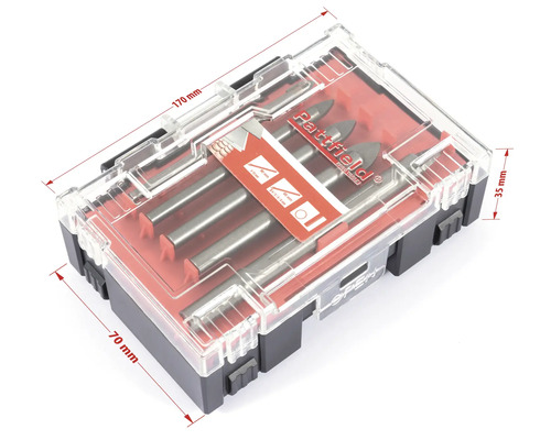 Set de burghie într-o cutie transparentă de plastic cu dimensiunile 170 mm x 70 mm x 35 mm.