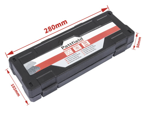 Valiză de scule Pattfield cu set de dălți, lățime de 280 milimetri, înălțime de 102 milimetri și adâncime de 50 milimetri