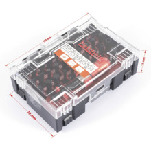 Set de biți Pattfield cu diverse biți de șurubelniță într-o cutie transparentă de plastic cu indicații de dimensiune