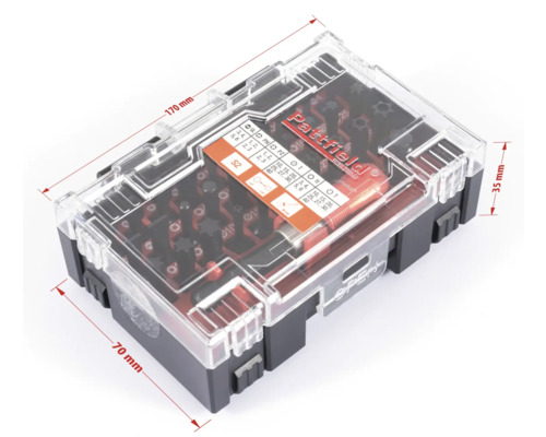 Set de biți Pattfield cu diverse biți de șurubelniță într-o cutie transparentă de plastic cu indicații de dimensiune