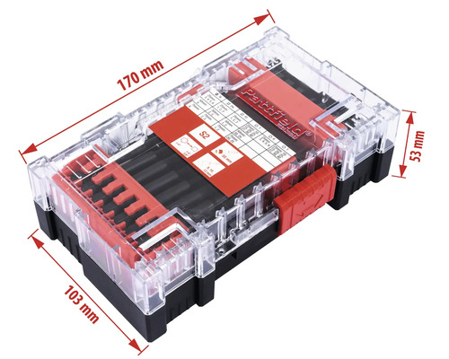 Set de biți Partfield într-o cutie transparentă din plastic cu indicații de dimensiune