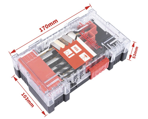 Set de burghie într-o cutie transparentă cu indicații de dimensiune
