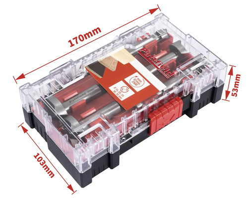 Set de burghie Forstner Pattfield cu dimensiuni diferite, în cutie transparentă, cu dimensiuni