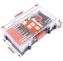 Set de tarozi și filiere Partfield în cutie de plastic transparentă cu dimensiunile 170 mm x 103 mm x 53 mm.