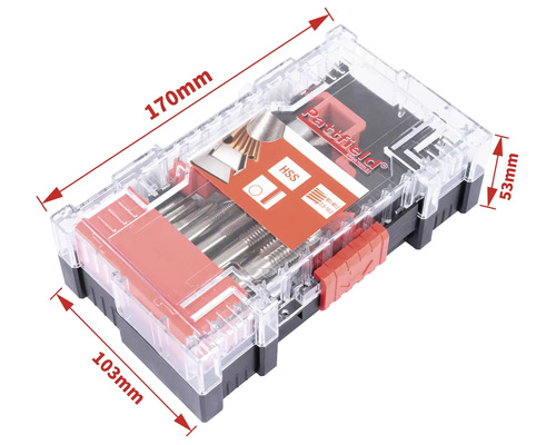 Set de tarozi și filiere Partfield în cutie de plastic transparentă cu dimensiunile 170 mm x 103 mm x 53 mm.