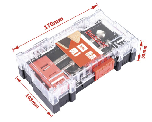 Set burghie Pattfield în cutie transparentă din plastic, cu indicații de dimensiuni