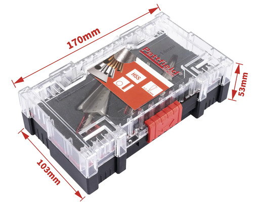 Set de scule Patfield în cutie transparentă din plastic cu dimensiunile 170 pe 103 pe 53 milimetri.