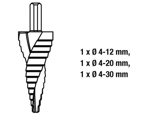 Set burghie conice cu diametre de 4-12 mm, 4-20 mm și 4-30 mm