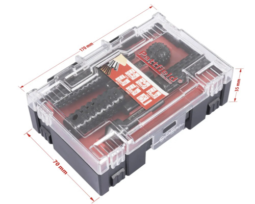 Set de scule Pattfield în cutie transparentă cu indicații de dimensiune