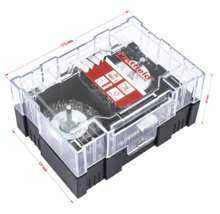 Set de perii de sârmă Pattfield cu diverse accesorii de perie în ambalaj transparent cu dimensiuni