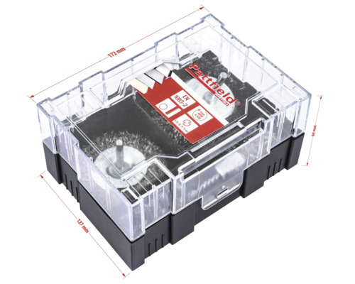 Set de perii de sârmă Pattfield cu diverse accesorii de perie în ambalaj transparent cu dimensiuni