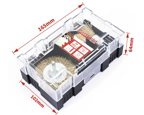 Set perii de sârmă Pattfield în cutie transparentă de plastic cu indicații de dimensiune.