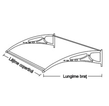 Desen tehnic al unei structuri de copertină cu lățimea și lungimea brațului indicate