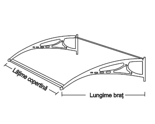 Desen tehnic al unei structuri de copertină cu lățimea și lungimea brațului indicate