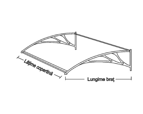Desen tehnic al unei structuri de copertină cu indicații de lățime și lungime