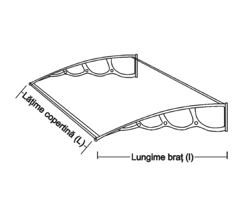Desen tehnic al unui baldachin cu specificații de lățime și lungime