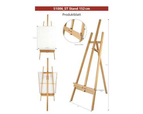 Șevalet din lemn, înălțime 152 cm, reglabil continuu