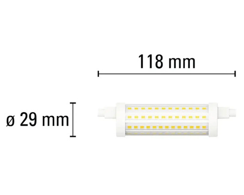 Imagine cu un bec LED cu dimensiunile de 118 mm lungime și 29 mm diametru.