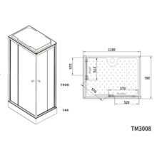 Desen tehnic al unei cabine de duș cu dimensiuni