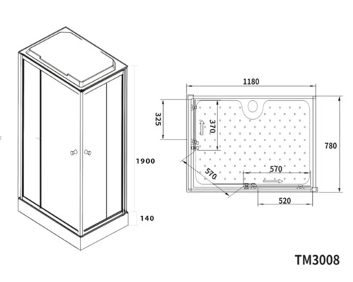 Desen tehnic al unei cabine de duș cu dimensiuni