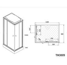 Desen tehnic al unei cabine de duș cu dimensiuni.