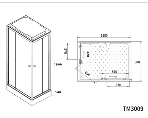 Desen tehnic al unei cabine de duș cu dimensiuni.