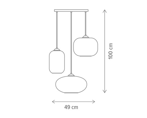 Desen tehnic al unei lămpi suspendate cu dimensiunile de 100 cm înălțime și 49 cm lățime