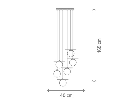 Desen tehnic al unei lămpi suspendate cu dimensiunile de 165 cm înălțime și 40 cm lățime