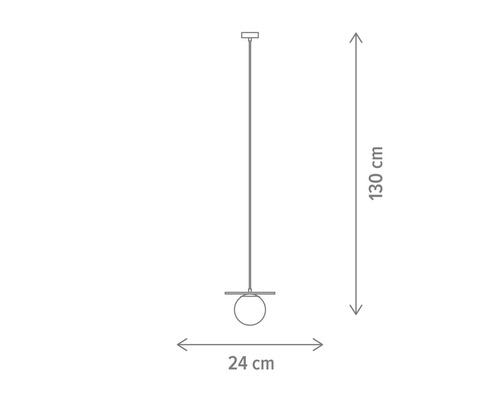 Desen tehnic al unei lămpi suspendate cu dimensiunile de 24 cm lățime și 130 cm înălțime.