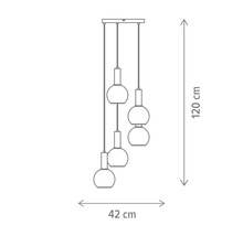Schiță a unei lămpi suspendate cu trei becuri și dimensiuni: 120 cm înălțime, 42 cm lățime.