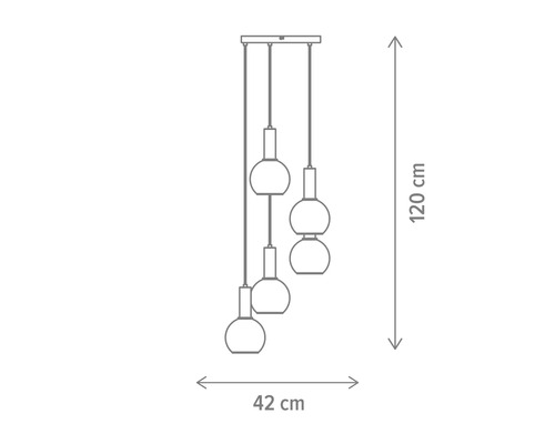 Schiță a unei lămpi suspendate cu trei becuri și dimensiuni: 120 cm înălțime, 42 cm lățime.
