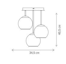 Desen tehnic al unei lămpi suspendate cu trei lumini și indicații de dimensiuni