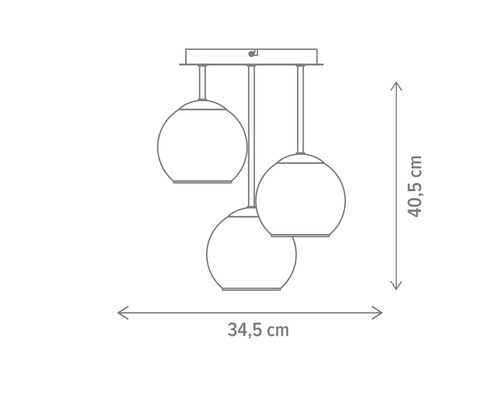 Desen tehnic al unei lămpi suspendate cu trei lumini și indicații de dimensiuni