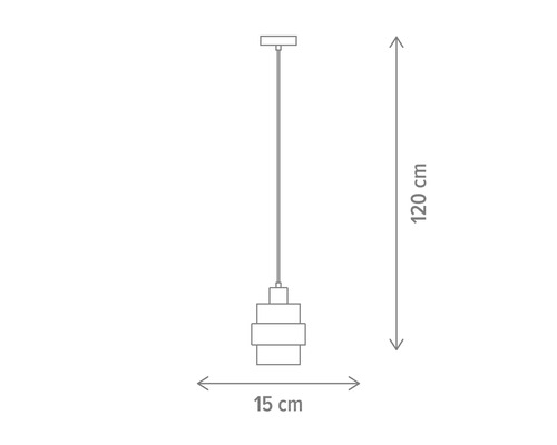 Desen tehnic al unei lămpi suspendate cu dimensiunile de 120 cm înălțime și 15 cm diametru.