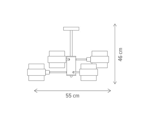 Desen tehnic al unui corp de iluminat suspendat cu dimensiunile de 55 cm lățime și 46 cm înălțime