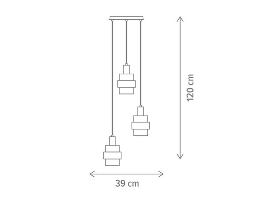 Dimensiunile unei lămpi suspendate: 39 cm lățime și 120 cm înălțime.