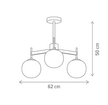 Desen tehnic al unei lămpi suspendate cu trei puncte de lumină, dimensiuni 62 x 50 centimetri.