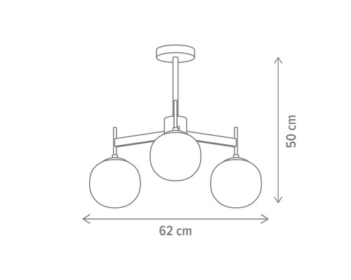 Desen tehnic al unei lămpi suspendate cu trei puncte de lumină, dimensiuni 62 x 50 centimetri.