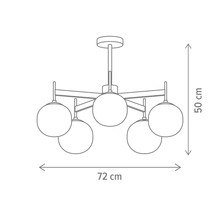 Desen tehnic al unei lămpi suspendate cu cinci lumini și dimensiunile de 72 pe 50 centimetri