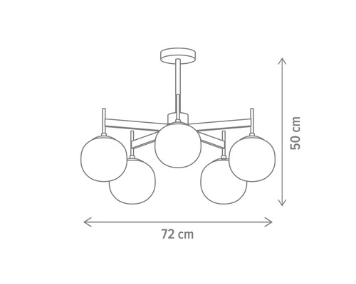 Desen tehnic al unei lămpi suspendate cu cinci lumini și dimensiunile de 72 pe 50 centimetri