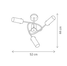 Desen tehnic al unei lămpi de plafon cu trei spoturi și dimensiunile de 44 cm înălțime și 52 cm lățime.