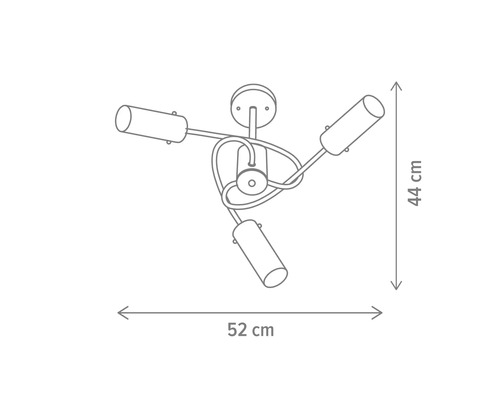 Desen tehnic al unei lămpi de plafon cu trei spoturi și dimensiunile de 44 cm înălțime și 52 cm lățime.