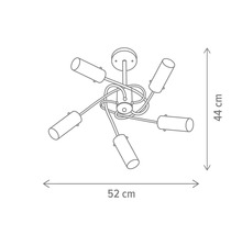 Desen tehnic al unei lămpi de tavan cu cinci spoturi și dimensiunile de 52 pe 44 de centimetri.