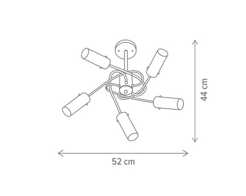 Desen tehnic al unei lămpi de tavan cu cinci spoturi și dimensiunile de 52 pe 44 de centimetri.