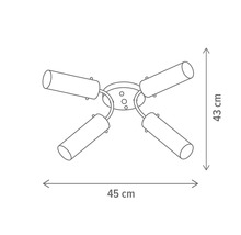 Schiță a unei lămpi de tavan cu patru reflectoare și dimensiunile de 43 pe 45 centimetri